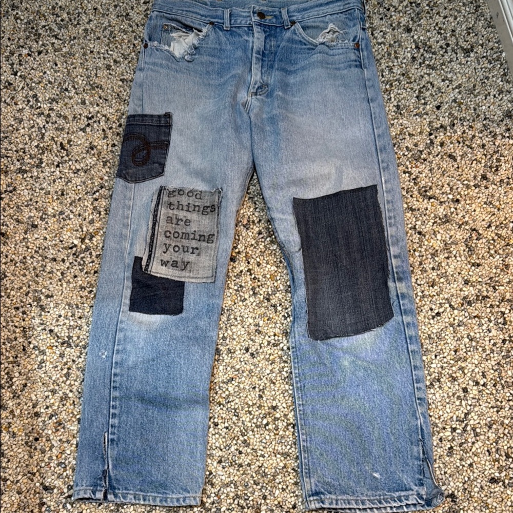 Distressed Patchwork Jeans - Blue - image 1
